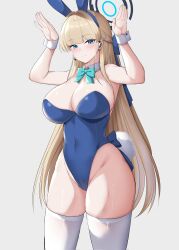 Rule 34 | 1girl, animal ears, blue archive, blue bow, blue bowtie, blue eyes, blue leotard, bow, bowtie, breasts, cleavage, commentary, covered navel, detached collar, fake animal ears, fake tail, grey background, halo, highleg, highleg leotard, highres, kisaragi nana, large breasts, leotard, long hair, playboy bunny, rabbit ears, rabbit pose, simple background, solo, strapless, strapless leotard, tail, thighhighs, toki (blue archive), toki (bunny) (blue archive), white thighhighs, wrist cuffs