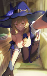 Rule 34 | 1girl, absurdres, axoo, black gloves, black thighhighs, blonde hair, breasts, cleavage, flower, genshin impact, gloves, hair flower, hair ornament, hat, hat flower, highres, kneeling, large breasts, leaning forward, lisa (genshin impact), long hair, pelvic curtain, reaching, reaching towards viewer, single bare shoulder, smile, solo, thighhighs, witch hat, yellow eyes