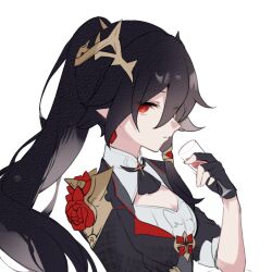 Rule 34 | 1girl, black shirt, breasts, cleavage, cleavage cutout, closed mouth, clothing cutout, flower, fu hua, fu hua (blood voivode), fu hua (shadow knight), hair between eyes, hair flower, hair ornament, high ponytail, holding, honkai (series), honkai impact 3rd, long hair, long sleeves, mangzhi yaoyao, medium breasts, official alternate costume, ponytail, red eyes, red flower, red wine, rose, shirt, simple background, small breasts, solo, upper body, vampire, white background