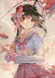Rule 34 | 1girl, akizero1510, black hair, blush, bow, buttons, cherry blossoms, fish, glasses, hair ornament, highres, holding, holding umbrella, long sleeves, looking afar, looking up, nail polish, onmyoji, open mouth, petals, pink skirt, pocket, rain, red eyes, sailor collar, short hair, skirt, transparent, transparent umbrella, umbrella, upper body, water drop