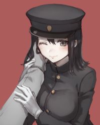 Rule 34 | 10s, 1girl, akitsu maru (kancolle), bad id, bad twitter id, black hair, breasts, gloves, grey eyes, hand on another&#039;s cheek, hand on another&#039;s face, hat, kantai collection, large breasts, light smile, military, military uniform, one eye closed, peaked cap, red background, solo focus, tomari (veryberry00), uniform, white gloves