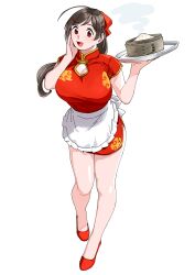 Rule 34 | 1girl, ahoge, alternate costume, apron, bamboo steamer, baozi, breasts, brown hair, china dress, chinese clothes, cleavage, dress, food, frilled apron, frills, full body, hair ribbon, hand on own cheek, hand on own face, highres, holding, holding tray, kantai collection, large breasts, long hair, looking at viewer, mamiya (kancolle), ojipon, open mouth, red dress, red eyes, red footwear, ribbon, shoes, short dress, side slit, simple background, smile, solo, tray, waist apron, white apron, white background