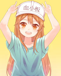 1girl, :d, arms up, bangs, baseball cap, brown eyes, brown hair, child, collarbone, double v, hair between eyes, hat, hataraku saibou, highres, long hair, looking at viewer, open mouth, oversized clothes, oversized shirt, platelet (hataraku saibou), saito (pigrank), shirt, smile, solo, t-shirt, upper body, upper teeth, v, yellow background