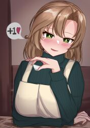 Rule 34 | 1girl, absurdres, akigumo (kancolle), alternate costume, alternate hairstyle, apron, breasts, brown hair, choko (cup), cup, green eyes, green sweater, hair down, highres, kantai collection, large breasts, medium hair, mole, mole under eye, parted bangs, ribbed sweater, solo, speech bubble, sweater, tokiwa senkei, white apron