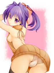 Rule 34 | 1girl, arched back, arms up, ass, bent over, black thighhighs, blush, bow, breasts, cleft of venus, closed mouth, from behind, frown, hair bow, head tilt, looking back, medium breasts, meme attire, original, panties, pink background, ponytail, purple eyes, purple hair, red bow, short ponytail, solo, sweater, tewo, thighhighs, turtleneck, turtleneck sweater, underwear, virgin killer sweater, white panties
