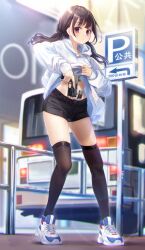Rule 34 | 1girl, absurdres, black shorts, black thighhighs, bus, commission, enpera (jdud8375), fence, full body, gun, handgun, highres, holding, holding gun, holding weapon, hood, hoodie, long hair, motor vehicle, original, outdoors, pixiv commission, purple eyes, shoes, short shorts, shorts, sig sauer p320, skindentation, sneakers, thighhighs, trigger discipline, twintails, weapon