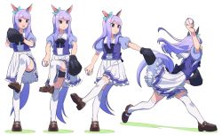 Rule 34 | 1girl, animal ears, ball, baseball, baseball glove, bike shorts, blush, brown footwear, closed mouth, frown, highres, holding, holding ball, horse ears, horse girl, horse tail, leaning forward, leg up, long hair, mejiro mcqueen (umamusume), motion blur, nishiki kazue, open mouth, pitching, puffy short sleeves, puffy sleeves, purple eyes, purple shirt, school uniform, sequential, shirt, shoes, short sleeves, skirt, solo, standing, standing on one leg, tail, thighhighs, tracen school uniform, umamusume, v-shaped eyebrows, white background, white skirt, white thighhighs