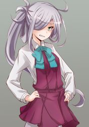 Rule 34 | 10s, 1girl, ahoge, anti (untea9), asashimo (kancolle), bow, bowtie, clenched teeth, cowboy shot, grey background, grey eyes, hair over one eye, hands on own hips, kantai collection, long hair, looking at viewer, pantyhose, pleated skirt, ponytail, purple skirt, school uniform, silver hair, simple background, skirt, solo, teeth