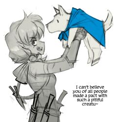 Rule 34 | 1girl, animal, blue cape, breasts, cape, commentary, crooked teeth, dagger, dog, english commentary, english text, from side, holding, holding animal, holding dog, knife, limited palette, medium breasts, original, pointy ears, psuede, simple background, sketch, upper body, weapon, white background