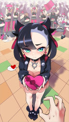 Rule 34 | ..., 6+boys, 6+girls, black hair, boots, breasts, brother and sister, cheering, collar, creatures (company), dress, earrings, facepaint, flag, game freak, heart, highres, incoming gift, jacket, jewelry, looking at viewer, marnie (pokemon), midriff, multiple boys, multiple girls, navel, nintendo, piers (pokemon), pink dress, pink hair, pokemon, pokemon swsh, pov, siblings, skirt, solo focus, spiked hair, spoken heart, sweatdrop, team yell, team yell grunt, team yell grunt (female), team yell grunt (male), tears, tm (hanamakisan), twintails, valentine