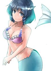 Rule 34 | 1girl, alternate costume, bare arms, bare shoulders, bikini, bikini top only, blue eyes, blue hair, breasts, cleavage, closed mouth, collarbone, commentary request, fins, fish tail, head fins, highres, looking at viewer, medium breasts, mermaid, monster girl, purple bikini, ringlets, shell, short hair, solo, stomach, swimsuit, tail, touhou, wakasagihime, y2