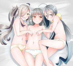 Rule 34 | 3girls, ahoge, asashimo (kancolle), bare legs, bow, bow panties, brown hair, comah, commentary request, embarrassed, fang, girl sandwich, green eyes, green panties, grey eyes, grey hair, hair between eyes, hair down, hair over one eye, hair ribbon, kantai collection, kasumi (kancolle), kiyoshimo (kancolle), long hair, lying, multiple girls, navel, nipples, open mouth, panties, ribbon, sandwiched, sharp teeth, skindentation, teeth, topless, underwear, underwear only