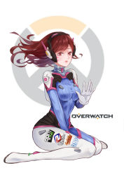 Rule 34 | 1girl, absurdres, between legs, bodysuit, breasts, brown eyes, brown hair, clothes writing, copyright name, d.va (overwatch), emblem, facepaint, facial mark, full body, gloves, hand between legs, headphones, highres, long hair, looking at viewer, looking to the side, overwatch, overwatch 1, pilot suit, simple background, sitting, small breasts, solo, swept bangs, wariza, waving, whisker markings, white background, white gloves, wind, zoey eidola, ||/