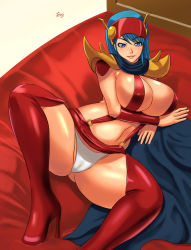 Rule 34 | 1girl, blue eyes, blue hair, blush, boots, breasts, cape, cleavage, curvy, genji tsuushin agedama, green hair, head-mounted display, high heel boots, high heels, highres, huge breasts, kuki rei, legs, long hair, looking at viewer, lying, matching hair/eyes, microskirt, navel, on side, panties, revealing clothes, shoulder pads, skirt, smile, solo, spread legs, tenji, thick thighs, thighhighs, thighs, underwear, wide hips