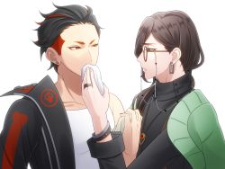 Rule 34 | 2boys, black hair, black jacket, brown hair, earrings, eye contact, glasses, hand up, highres, holding hands, jacket, jewelry, long hair, looking at another, mist flaiv, multicolored hair, multiple boys, necklace, orange hair, red eyes, ring, saga latour, shirt, short hair, simple background, streaked hair, stud earrings, suisei ms (oba 0808), upper body, visual prison, white background, white shirt, wiping face, wristband