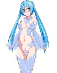 Rule 34 | 1girl, aqua eyes, aqua hair, bad id, bad pixiv id, blush, breasts, censored, detached sleeves, hatsune miku, highres, jack dempa, long hair, navel, nipples, pussy, see-through, simple background, smile, solo, thigh gap, thighhighs, twintails, very long hair, vocaloid, white background