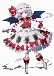 Rule 34 | 1girl, ascot, bat wings, bow, closed mouth, collarbone, dress, dress bow, eid, full body, gloves, grey hair, hat, hat ribbon, highres, long sleeves, looking at viewer, mob cap, multiple bows, red ascot, red bow, red eyes, red ribbon, remilia scarlet, ribbon, short hair, simple background, smile, solo, touhou, white background, white dress, white footwear, white gloves, white hat, wings