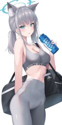 Rule 34 | 1girl, absurdres, alter (kxk7357), animal ear fluff, animal ears, blue archive, blue eyes, blush, bottle, breasts, cleavage, cross hair ornament, extra ears, grey hair, grey pants, grey sports bra, hair between eyes, hair ornament, highres, holding, holding bottle, medium breasts, medium hair, mismatched pupils, open mouth, pants, pocari sweat, shiroko (blue archive), simple background, solo, sports bra, white background, wolf ears