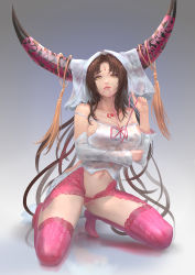 Rule 34 | 1girl, breast hold, breasts, brown eyes, brown hair, cglas, facial mark, fate (series), forehead mark, full body, horns, long hair, looking at viewer, midriff, mouth hold, navel, pink footwear, pink thighhighs, sessyoin kiara, shoes, solo, thighhighs, very long hair