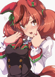 Rule 34 | 1girl, absurdres, animal ears, black dress, blush, bow, bowtie, brown eyes, brown hair, dress, ear covers, flying sweatdrops, gokuu (acoloredpencil), green bow, green bowtie, hair between eyes, highres, horse ears, horse girl, horse tail, juliet sleeves, long sleeves, nice nature (umamusume), open mouth, puffy sleeves, red hair, short hair, skirt, smile, solo, striped bow, striped bowtie, striped clothes, tail, two side up, umamusume, upper body, white background