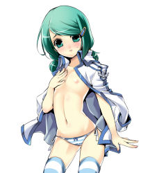 Rule 34 | 1girl, bad id, bad pixiv id, blush, bow, bow panties, breasts, flat chest, green eyes, green hair, hair ornament, hairclip, hand on own chest, highres, jacket, jacket on shoulders, looking at viewer, low twintails, matching hair/eyes, navel, nipples, no bra, no pants, panties, parted lips, rotori (sword girls), shiny skin, side-tie panties, simple background, skindentation, small breasts, solo, striped clothes, striped panties, striped thighhighs, sweatdrop, sword girls, tama (tamatamo), tears, thighhighs, twintails, underwear, white background