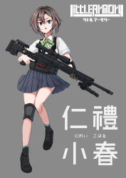 Rule 34 | 1girl, absurdres, black footwear, black socks, blue eyes, blue skirt, bow, bowtie, brown hair, character name, dreadtie, dress shirt, earpiece, full body, gloves, green bow, green bowtie, grey gloves, gun, highres, holding, holding gun, holding weapon, knee pads, little armory, looking at viewer, m2010 enhanced sniper rifle, miniskirt, nirei koharu, parted lips, pleated skirt, remington arms, rifle, school uniform, scope, shirt, shoes, short hair, short sleeves, single glove, skirt, sniper rifle, socks, solo, standing, standing on one leg, tomytec, translated, trigger discipline, weapon, white shirt, wing collar, xm2010