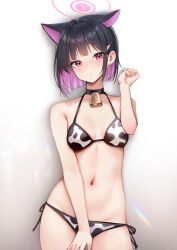 Rule 34 | 1girl, animal ears, animal print, bell, bikini, black choker, black hair, blue archive, blunt ends, blush, breasts, breasts apart, cat ears, choker, collarbone, colored inner hair, cow print, cow print bikini, groin, halo, halterneck, highres, kazusa (blue archive), korean commentary, looking at viewer, medium breasts, multicolored hair, navel, neck bell, picter, pink eyes, pink hair, print bikini, short hair, side-tie bikini bottom, simple background, solo, stomach, string bikini, swimsuit, two-tone hair, white background