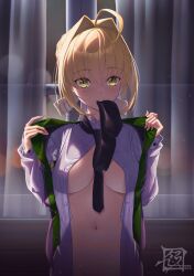 Rule 34 | 1girl, ahoge, alternate costume, artist logo, black necktie, blonde hair, blush, breasts, collared shirt, curtains, dated, eyelashes, fate/extra, fate (series), green eyes, green vest, grey shirt, hair between eyes, hair intakes, hands up, highres, indoors, large breasts, lens flare, long sleeves, looking at viewer, medium hair, mouth hold, navel, necktie, necktie in mouth, nero claudius (fate), nero claudius (fate) (all), partially unbuttoned, shirt, short hair, sidelocks, solo, stomach, striped clothes, striped shirt, suryua, undressing, upper body, vest