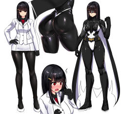 Rule 34 | 1girl, ass, black hair, black pantyhose, blush, bodysuit, breasts, cape, character sheet, closed mouth, domino mask, full body, hair ornament, hairclip, hand on own hip, ishimiso (ishimura), large breasts, latex, long hair, looking at viewer, mask, multiple views, open mouth, original, pantyhose, pencil skirt, red eyes, shiny clothes, skin tight, skirt, superhero costume, wavy mouth, wide hips