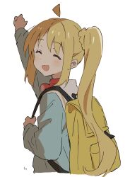 Rule 34 | 1girl, ^ ^, ahoge, arm up, backpack, bag, blonde hair, blue jacket, bocchi the rock!, closed eyes, cropped torso, detached ahoge, facing viewer, from side, h (eitilog), hand up, highres, holding strap, ijichi nijika, jacket, long hair, long sleeves, looking back, open mouth, side ponytail, sidelocks, simple background, smile, solo, upper body, very long hair, white background, yellow bag