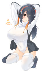 Rule 34 | 10s, 1girl, arms up, black footwear, black hair, blush, boots, breasts, brown eyes, character name, closed mouth, covered navel, emperor penguin (kemono friends), enatsu, full body, hair over one eye, headphones, highres, hood, hoodie, japari symbol, kemono friends, large breasts, leotard, long hair, looking at viewer, multicolored hair, open clothes, open hoodie, orange hair, simple background, smile, solo, squatting, streaked hair, thighhighs, thighs, turtleneck, white background, white leotard