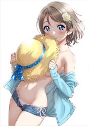 Rule 34 | 1girl, bikini, bikini bottom only, blue eyes, blush, breasts, brown hair, closed mouth, covering privates, covering breasts, cowboy shot, denim, denim shorts, dutch angle, flower, hair flower, hair ornament, hat, highres, jacket, looking at viewer, love live!, love live! sunshine!!, navel, off shoulder, open clothes, open jacket, open pants, pants, sankuro (agoitei), short hair, short shorts, shorts, side-tie bikini bottom, simple background, sleeves past wrists, small breasts, smile, solo, straw hat, sun hat, swimsuit, topless, watanabe you, white background, white bikini