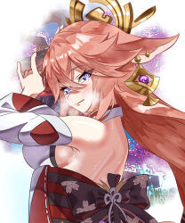 Rule 34 | 1girl, animal ears, armpits, back, bare shoulders, blush, breasts, breath, commentary, english commentary, eyelashes, fox ears, genshin impact, hair between eyes, halo, highres, japanese clothes, jimi paradise, lips, long hair, looking at viewer, looking back, mechanical halo, pink hair, purple eyes, sideboob, solo, steam, steaming body, sweat, upper body, white background, yae miko