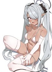 Rule 34 | 1girl, absurdres, bare shoulders, bikini, blue archive, blush, breasts, breasts apart, collarbone, dark-skinned female, dark skin, elbow gloves, gloves, grey hair, hair over one eye, hair ribbon, halo, highres, iori (blue archive), long hair, looking at viewer, medium breasts, navel, open mouth, pointy ears, red eyes, ribbon, seihekiog, solo, sweatdrop, swimsuit, thighhighs, thighs, twintails, very long hair, white bikini, white gloves, white thighhighs