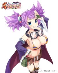 Rule 34 | 1girl, bare shoulders, belt, bikini, bikini top only, blue eyes, blush, breasts, cape, cleavage, copyright name, detached sleeves, fingerless gloves, frills, front-tie bikini top, front-tie top, garter straps, gloves, goggles, goggles around neck, grin, hair ornament, highres, koihime musou, large breasts, logo, looking at viewer, navel, official art, purple hair, riten, salute, screwdriver, shorts, simple background, skull hair ornament, smile, solo, swimsuit, thighhighs, tools, white background