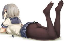 Rule 34 | 6+girls, ass, between buttocks, black legwear, blue eyes, breasts, crossed arms, fairy (kancolle), feet, feet up, giant, giantess, green hair, hair ornament, hairclip, hamakaze (kancolle), kantai collection, large breasts, looking back, lying, mini person, minigirl, multiple girls, no shoes, on stomach, panties, panties under pantyhose, pantyhose, plantar flexion, purple hair, school uniform, serafuku, short hair, short sleeves, silver hair, simple background, size difference, solo focus, underwear, utopia, white background