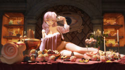Rule 34 | 1girl, alcohol, breasts, candle, food, fruit, grapes, highres, large breasts, light smile, long legs, lying, maocha, on side, on table, original, peach, purple eyes, purple hair, sake, snail, table, thighs, thong, wet, wet clothes