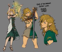Rule 34 | 1boy, 1girl, archaic set (zelda), armband, arms up, artist name, blonde hair, blue eyes, bracelet, broken, broken weapon, character name, commentary, copyright name, dress, english commentary, glowing, grey background, hair between eyes, highres, holding, holding sword, holding weapon, jewelry, link, looking at viewer, manda schank, multiple views, necklace, nintendo, nipples, pointy ears, princess zelda, sandals, short hair, simple background, strapless, strapless dress, sword, the legend of zelda, the legend of zelda: tears of the kingdom, watermark, weapon