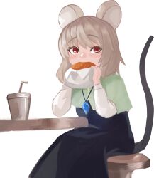 Rule 34 | 1girl, animal ears, black dress, blush, burger, capelet, clip studio paint (medium), commentary request, crystal, cup, disposable cup, dress, eating, feet out of frame, food, green capelet, grey hair, highres, holding, holding food, jewelry, lenserd, long sleeves, looking at viewer, mouse ears, mouse girl, mouse tail, nazrin, pendant, red eyes, shirt, short hair, simple background, solo, stool, table, tail, touhou, white background, white shirt