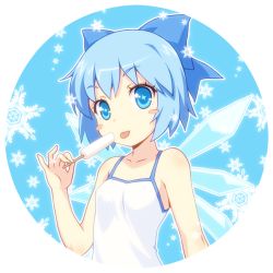 Rule 34 | 1girl, bare shoulders, blue eyes, blue hair, blush stickers, bow, cirno, hair bow, matching hair/eyes, popsicle, short hair, snowflakes, solo, tongue, touhou, upper body, wings, yamasan
