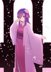 Rule 34 | 1girl, bad id, bad pixiv id, closed mouth, commentary request, fate/grand order, fate (series), flower, hair between eyes, hair flower, hair ornament, hand up, head tilt, highres, japanese clothes, jilu, kimono, long sleeves, matou sakura, obi, parvati (fate), petals, pink flower, pink kimono, pink ribbon, purple eyes, purple hair, ribbon, sash, sleeves past wrists, smile, solo, wide sleeves