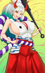 Rule 34 | 1girl, 47 hard, :o, bouncing breasts, breasts, cleavage, club (weapon), earrings, female focus, gradient background, green background, hakama, hakama skirt, head tilt, high ponytail, highres, holding, holding club, holding weapon, hoop earrings, horns, japanese clothes, jewelry, large breasts, long hair, looking at viewer, multicolored hair, one piece, open mouth, side slit, simple background, skirt, sleeveless, solo, standing, swept bangs, two-tone hair, weapon, yamato (one piece), yellow eyes