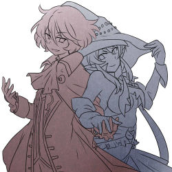 Rule 34 | 1boy, 1girl, bare shoulders, breasts, coat, conway tau, ascot, frills, gloves, hat, judith (tales), lowres, open mouth, pants, pointy ears, short hair, smile, tales of (series), tales of innocence, tales of vesperia