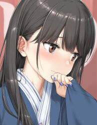 1girl averting_eyes bath_yukata bathrobe blue_nails blue_robe blush brown_eyes brown_hair commentary_request hand_to_own_mouth highres irido_yume japanese_clothes kimono long_hair mamahaha_no_tsurego_ga_moto_kano_datta portrait robe solo takayaki yukata