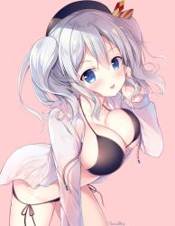 Rule 34 | 10s, 1girl, artist name, beret, bikini, black bikini, black hat, blue eyes, blush, breasts, collarbone, halterneck, hand in own hair, hand on own cheek, hand on own face, hat, kantai collection, kashima (kancolle), large breasts, leaning forward, long hair, long sleeves, looking at viewer, navel, open mouth, pink background, shirt, silver hair, simple background, solo, sousouman, swimsuit, twintails, white shirt
