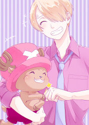 Rule 34 | 2boys, ^ ^, antlers, blonde hair, carrying, closed eyes, commentary request, curly eyebrows, highres, horns, male focus, marutter2, multiple boys, necktie, one piece, pink headwear, pink shirt, reindeer antlers, sanji (one piece), shirt, short hair, smile, tony tony chopper