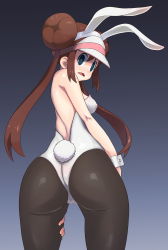 Rule 34 | 1girl, animal ears, ass, black eyes, blush, breasts, brown hair, creatures (company), double bun, embarrassed, empty eyes, fake animal ears, fake tail, from behind, game freak, gradient background, groin, hair bun, highres, legs, leotard, long hair, looking at viewer, looking back, nintendo, nose blush, open mouth, pantyhose, playboy bunny, pokemon, pokemon bw2, rabbit ears, rabbit tail, rosa (pokemon), simple background, small breasts, standing, strapless, tail, thighs, twintails, visor cap, wavy mouth, white leotard, wrist cuffs, yachi (fujiyasu0616)
