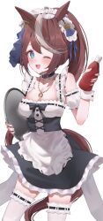 Rule 34 | 1girl, alternate costume, animal ears, blue eyes, blush, breasts, brown hair, collarbone, enmaided, hair between eyes, hair ornament, highres, holding, horse ears, horse girl, horse tail, jewelry, ketchup, looking at viewer, maid, maid headdress, necklace, one eye closed, ponytail, simple background, small breasts, solo, tail, thighhighs, tokai teio (umamusume), tray, umamusume, white background, yokawa nagi