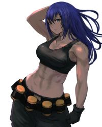 Rule 34 | 1girl, 6maker, abs, bare shoulders, belt, black gloves, black tank top, blue eyes, blue hair, breasts, clenched hands, gas can, gloves, hair between eyes, hair down, hand on own head, highres, leona heidern, long hair, military, military vehicle, motor vehicle, muscular, muscular female, simple background, snk, solo, tan, tank, tank top, the king of fighters, the king of fighters xiii, white background