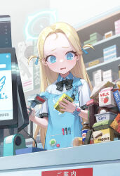 Rule 34 | 1girl, @ @, apron, barcode scanner, blonde hair, blue apron, blue archive, blush, bow, bowtie, bracelet, convenience store, energy drink, forehead, halo, highres, holding scanner, jewelry, long hair, milk carton, nyamunyamu, pen in pocket, shop, solo, sora (blue archive), straight hair, striped bow, striped bowtie, striped clothes, tears, two side up, very long hair